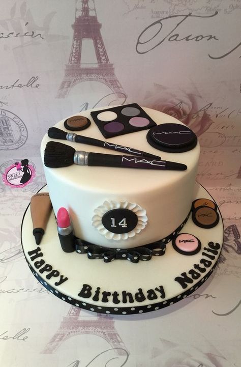 Happy Birthday Natalie 13th Birthday Cake For Girls, Make Up Torte, Torturi Baby Shower, Makeup Birthday Cakes, Mac Cake, Mac Make Up, Makeup Birthday, 14th Birthday Cakes, Teen Cakes