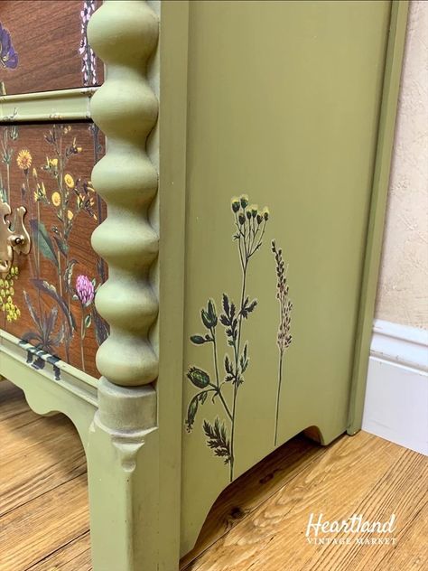 Flowers On Dressers, Dresser Painting Ideas Aesthetic, Wall Shelf Painting Ideas, Painted Tall Dresser Ideas, Vines Painted On Furniture, Cottage Core Dresser Makeover, Paint Shelves Ideas Diy, Diy Bookshelf Painting Ideas, Painted Dresser Design