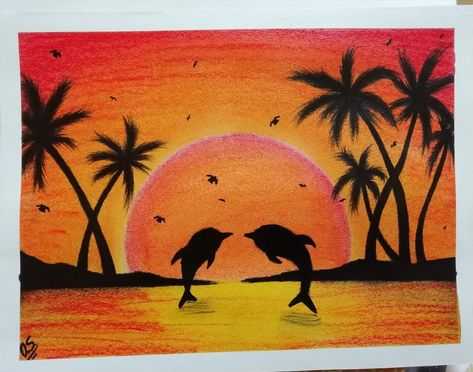 Sunset Drawing Easy, Poster Color Painting, Dolphin Art, Landscape Painting Tutorial, Indian Wedding Photography Poses, Sunset Painting, Drawing For Kids, Painting Tutorial, Mandala Art