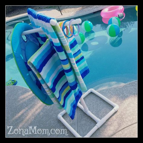 DIY Pool Towel Rack/Valet For Under $40 Towel Drying Rack For Pool, Pvc Pipe Towel Rack For Pool, Wet Towel Hanging Ideas Pool, Pool Drying Rack Diy, Diy Pool Towel Rack Outdoor, Towel Rack For Poolside, Towel Holder For Pool Area, Diy Pool Towel Holder, Diy Towel Rack For Pool