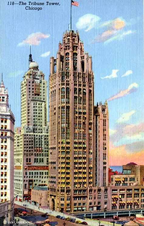 Tribune Tower Building Chicago IL | postmarked 1942 | William L. Bird | Flickr Tribune Tower, Chicago Poster, Tower Building, Chicago Photography, Chicago Tribune, World Cities, Old Postcards, Chicago Illinois, Vintage Postcards