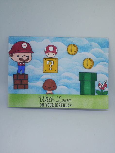 Super mario, birthday, card making, diy, stamping, sanndjees Mario Cards Diy, Super Mario Birthday Card Diy, Mario Birthday Cards Diy, Super Mario Birthday Card, Mario Birthday Card, Diy Birthday Cards For Dad, Birthday Cards Diy Handmade, Diy Birthday Cards, Birthday Card Making