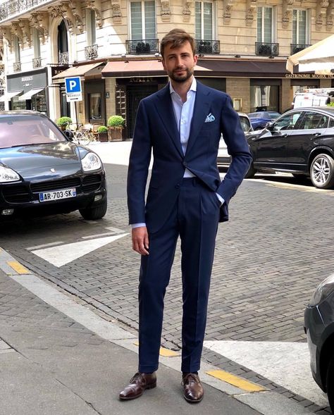 suitupplease! Navy Suit Blue Shirt, Dark Brown Oxford Shoes, Blue Pocket Square, Gentlemens Guide, Brown Oxford Shoes, Light Blue Dress Shirt, Winter Suits, Light Blue Shirt, Suit Blue