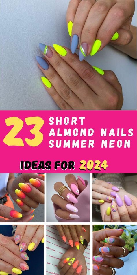 Elevate your nail game with these stunning short almond nails in summer neon shades! Perfect for 2024 trends, these nails are sure to add a pop of color to any look. From simple gel designs to intricate art designs, there`s something here to suit every style. Get ready to turn heads with these bright and bold nail ideas! Short Neon Nail Designs, Bright Summer Almond Nails, 2024 Summer Nails Almond, Simple Summer Nails 2024 Almond, Neon Nails 2024, Fun Summer Nails 2024 Almond, Neon Nails Designs Summer 2024, Neon Nails Designs Short, Summer Nail 2024 Trends Almond