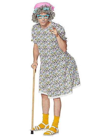 Flower Dress Costume, Pink Head Scarf, Stylish Grandma, Grandma Costume, Yellow Socks, Inflatable Costumes, Pink Head, Scarf Top, Short Sleeve Pullover