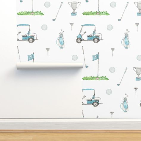 Blue Golf Wallpaper | Spoonflower Golf Peel And Stick Wallpaper, Golf Wallpaper, Golf Nursery, Nursery Wallpaper Boy, Wallpaper Boy, Golf Baby Showers, Golf Room, Golf Baby, Boys Golf