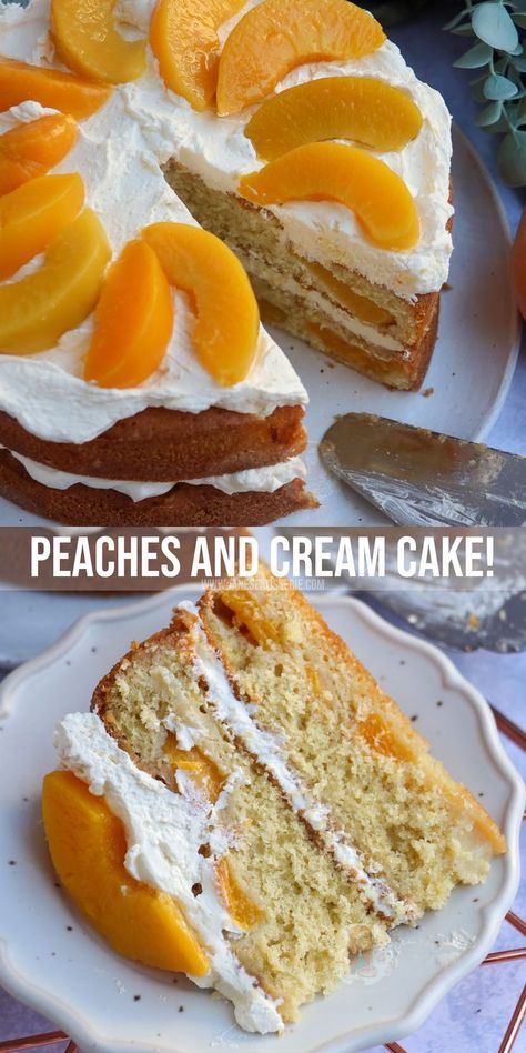 A simple yet delicious peaches and cream cake with peach sponges drizzled in peach syrup, and whipped sweetened cream - heaven! Peach Layer Cake Recipe, Peaches And Cream Cake Recipe, Peaches And Cream Cake, Peach Cake Recipes, Janes Patisserie, Baking Treats, Peach Syrup, Peach Desserts, Summer Baking