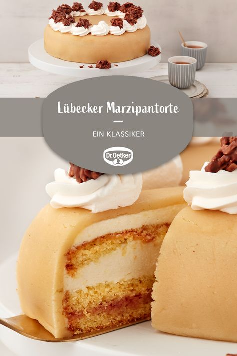 Lübecker Marzipantorte: Eine sahnige Biskuit-Torte mit Mandeln #marzipantorte  #biskuittorte  #tortenklassiker Heart Healthy Desserts, Greek Yogurt Recipes, Easy Summer Meals, Fancy Desserts, Food Cakes, Healthy Dessert Recipes, Sweets Desserts, Marzipan, Healthy Dessert