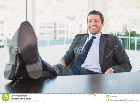 Relaxed Businessman With His Feet Up - Download From Over 35 Million High Quality Stock Photos, Images, Vectors. Sign up for FREE today. Image: 47026560 Legs On Desk Reference Pose, Feet Kicked Up On Desk Pose, Legs On Table Pose, Hands On Table Reference, Aquaman Injustice, Loop Animation, Smile Images, Desk Legs, His Office