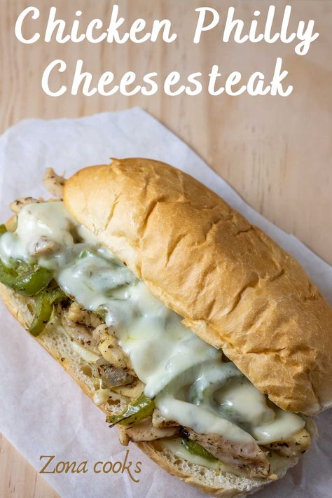 This Chicken Philly Cheesesteak has long crusty rolls filled with tender pan fried Italian seasoned boneless chicken, green peppers, onions, and melted provolone cheese. Oven Baked to melt the cheese and ready in about 30 minutes. Chicken Pasta With Zucchini, Chicken Green Peppers, Chicken Philly Cheesesteak, Pasta With Zucchini, Chicken Cheesesteak, Chicken Mushroom Pasta, Chicken Philly, Crusty Rolls, Philly Cheese Steak Recipe