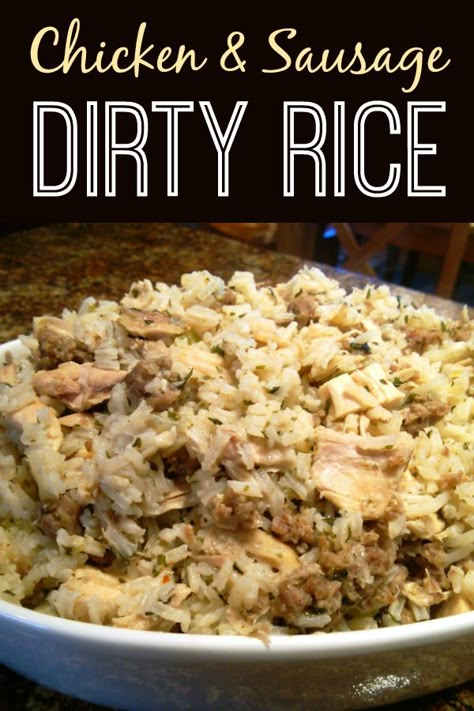 Chicken & Sausage Dirty Rice! A hearty recipe made with bulk sausage, chicken and rice seasoned with classic Cajun flavors and spices. Sausage And Rice Casserole, South Your Mouth, Dirty Rice Recipe, Recipes Copycat, Sausage Rice, Recipe Bread, Chicken And Sausage, Aloo Recipes, Recipes Italian