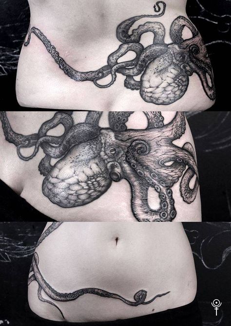 Artist: Gabor Zolyomi Tags: Blackwork, Illustrative, Engravings, Animals, Molluscs, Octopus, Ocean, On Women, Hip, Lower Back, Big Cephalopod Tattoo, Octopus Project, Lower Back Tattoo, Animal Tattoos For Women, Tattoo Son, Octopus Tattoo Design, Octopus Tattoos, Lighthouse Tattoo, Tattoos Mandala