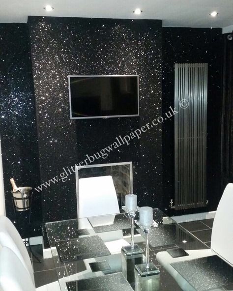 Black glam glitter wallpaper Silver Glitter Wallpaper Bedroom, Glitter Peel And Stick Wallpaper, Black Glitter Accent Wall Bedroom, Black Glitter Wallpaper Bedroom, Black Glitter Bathroom, Glitter Brick Wall, Black Glitter Accent Wall, Glitter Wall Bedroom, Black And Silver Accent Wall