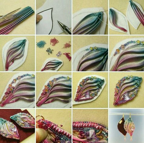 Shibori Tutorial, Anting Manik, Shibori Jewelry, Motifs Perler, Silk Jewelry, Shibori Silk, Bead Embroidery Tutorial, Ribbon Jewelry, Soutache Jewelry