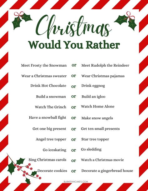 Try these fun Christmas Would You Rather Questions with your kids December Printable, Would You Rather Game, Rather Questions, Fun Christmas Party Games, Fun Christmas Games, Christmas Trivia, Would You Rather Questions, Car Drive, Holiday Games