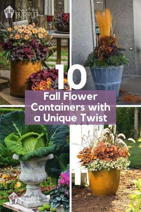 10 Fall Flower Containers With a Unique Twist Fall Container Plants For Shade, Fake Fall Flower Arrangements Outdoor, Fall Urn Planter Ideas, Fall Outdoor Planter Ideas, Fall Containers Planters, Fall Planter Ideas, Fall Potted Plants, Fall Urn, Shade Plants Container