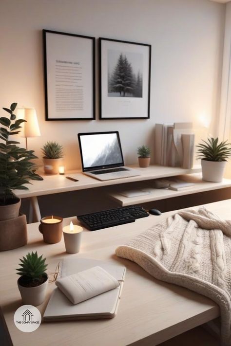 Ready to turn your home office into a winter retreat? Let’s make it happen! Start with some fluffy pillows and warm throws. Add twinkling fairy lights for that magical touch. These cozy workspace ideas will help you stay focused while enjoying the beauty of winter. Don’t let the cold keep you from being productive—create a space that inspires you to work and thrive!#HomeOffice #WinterVibes #CozyDecor #ProductivityHacks #WorkFromHome Cosy Desk Setup Aesthetic, Working From Home Aesthetic, Aesthetic Work From Home, Feng Shui Office, Comfy Space, Workspace Ideas, Cozy Workspace, Winter Retreat, Being Productive