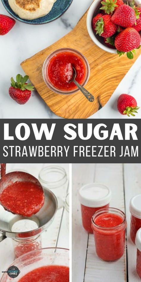 The freshest tasting jam you’ve ever had, this Strawberry Freezer Jam Recipe is so simple to make. Just three ingredients and 20 minutes, and you’ll have homemade strawberry jam made by your very own hands. Freezer Jam Strawberry Low Sugar, Surejell Strawberry Freezer Jam Recipe, Freezer Jam Strawberry, Strawberry Freezer Jam Recipe, Smart Sweets, Low Sugar Jam, Light Eating, Strawberry Freezer Jam, Kid Friendly Breakfasts