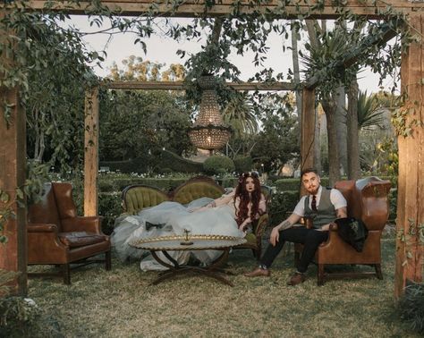 Ethereal Secret Garden Wedding with Vintage Curiosities - Green Wedding Shoes Vintage Lounge Area Wedding, Overgrown Wedding, Vintage Curiosities, Ethereal Garden, Ceremony Arbor, Engaged Af, Wedding Lounge, Vintage Lounge, Moody Interiors