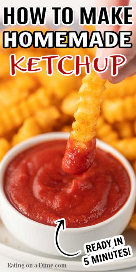 This easy, homemade ketchup with tomato paste is easy to make in only 5 minutes. Learn how to make this quick, healthy DIY ketchup recipe. This homemade ketchup recipe takes better than store bought! #eatingonadime #ketchuprecipes #condimentrecipes #easyrecipes Diy Ketchup, Homemade Tomato Ketchup, Homemade Ketchup Recipes, Ketchup Recipe, Homemade Ketchup, Homemade Sauce Recipes, Homemade Condiments, Condiment Recipes, Homemade Sauce