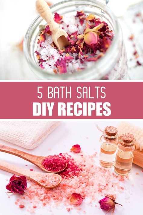 Homemade bath salts diy recipes are easy to make with ingredients you may already have.  Here are 5 easy DIY bath salts recipes to detox, moisturize your skin, calm and relax your body.  Have your bath salts made in minutes and customize with your own ingredients and essential oils.  Easy DIY natural homemade beauty and skincare products. Epsom Salt Bath Recipe, Diy Salt Scrub Recipe, Bath Salts Diy Recipes, Diy Bath Salts, Homemade Bath Salts, Salt Scrub Diy, Skin Care Diy, Salt Scrub Recipe, Bath Salts Recipe