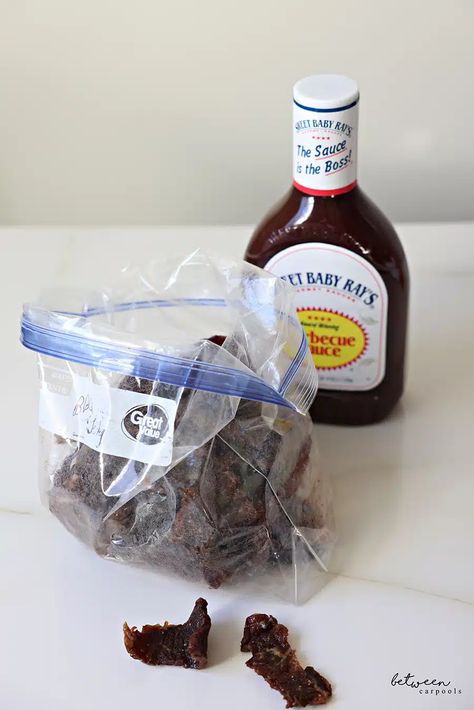 Tangy BBQ Beef Jerky - Between Carpools Bbq Beef Jerky Recipe Dehydrator, Dill Pickle Beef Jerky Recipe, Bbq Jerky Recipes, Spicy Deer Jerky Recipe, Easy Jerky Marinade, Kippered Beef Jerky Recipe, Homemade Beef Jerky With Dehydrator, Best Beef Jerky Marinade, Deer Jerky Recipe Dehydrator