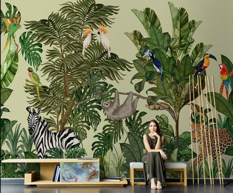 Animals Toucan Zebra Leopard Sloth Tiger Tropical Plants Kids Room Nursery Wallpaper Mural Kindergarten Wallpaper, Jungle Wall, Rainforest Animals, Nursery Mural, Jungle Wallpaper, Boys Wallpaper, Peel And Stick Vinyl, Nursery Wallpaper, Accent Wallpaper