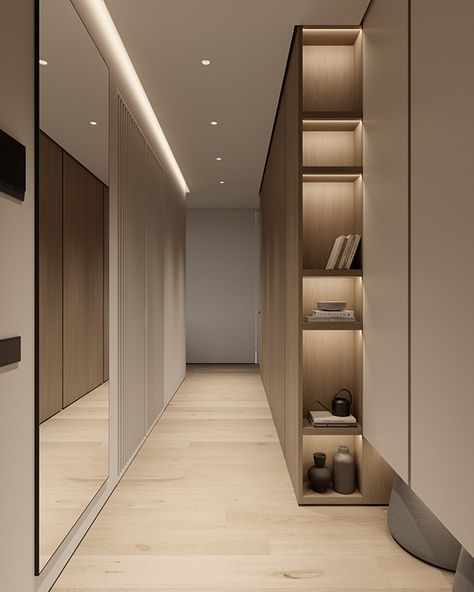 AS 70 on Behance Corridors Design Home, Corridor Design, Corridor Lighting, Home Hall Design, Hallway Designs, Small Apartment Design, Ceiling Light Design, Entrance Design, غرفة ملابس