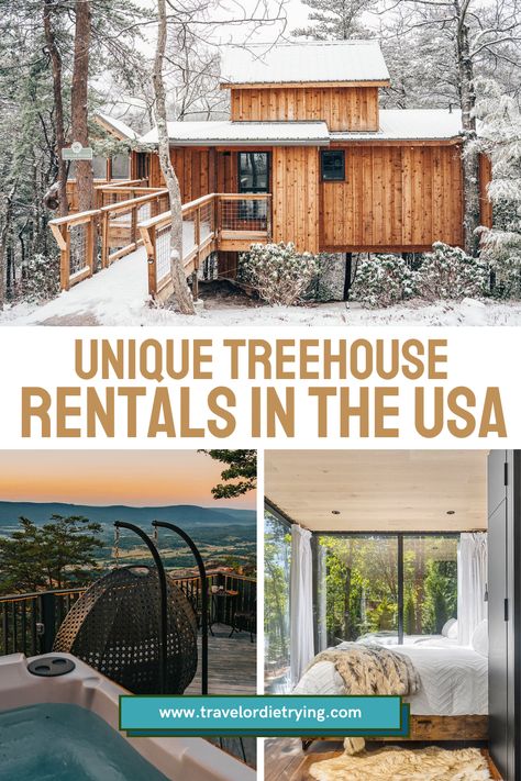 Check out these epic treehouse masterpieces where you can live out your childhood dreams. Here are 15 of the best treehouse rentals across the US sure to meet your need for a secluded getaway in the woods. Treehouse honeymoon usa | treehouse resorts usa | airbnb treehouse usa | unique places to stay in the us | best places to stay in us | treehouse vacation usa | unique vacation rentals usa | tree house vacation rentals usa | treehouse USA #usa #travel #treehouse Tree House Vacation, Tree House Vacation Rentals, Best Airbnbs In The Us, Unique Airbnb Ideas, Treehouse Vacations, Resorts Usa, Treehouse Rentals, Exotic Vacation Destinations, Honeymoon Usa