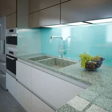 Glass Backsplash | Dulles Glass and Mirror Popular Backsplash, Kitchen Glass Backsplash, Kitchen Cabinets Designs, Acrylic Kitchen Cabinets, Brown Kitchen Ideas, Clean Interior Design, Acrylic Kitchen, Blue Kitchen Designs, Glass Kitchen Backsplash