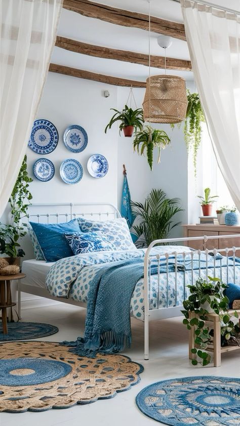 Moroccan Blue Bedroom, Greek Bedroom Aesthetic Blue, Greek Decor Bedroom, Greece Aesthetic Room Decor, Greece Style Bedroom, Greece Themed Bedroom, Greece Bedroom Aesthetics, Mama Mia Bedroom, Greek Room Decor