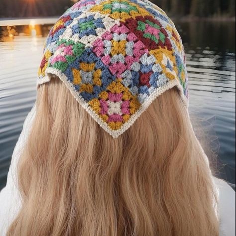 Crochet Bandana Crochet Granny Square Bandana, Classic Granny Square Pattern, Granny Square Bandana, Bandana Crochet, Classic Granny Square, Green And Burgundy, Granny Square Pattern, Crochet Bandana, Crochet Inspo