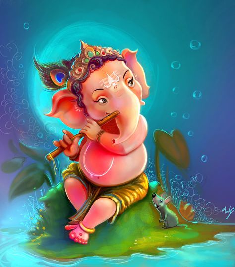 ArtStation - Lord Ganesha & happy ganesh chaturthi..., Madhaw Bauri Lord Ganesha, A Mouse, Ganesha, Elephant, Green