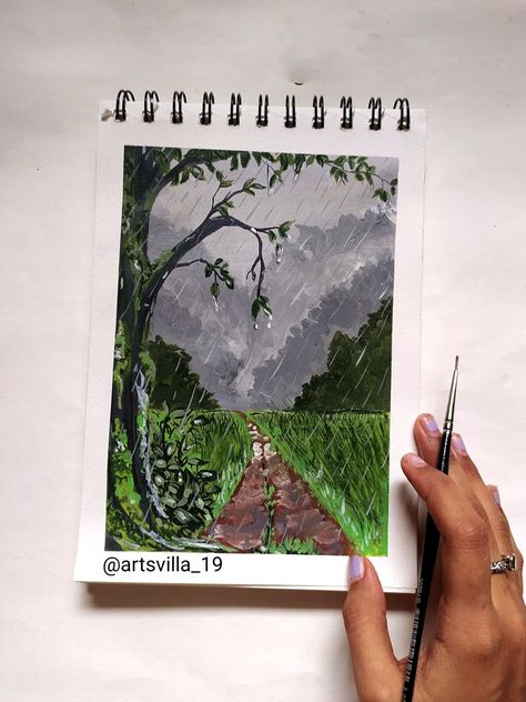 Forest painting/nature during rain Rainy Day Painting Easy, Rainy Forest Painting, Rain Forest Drawing, Rainy Day Painting, Rainy Day Drawing, Village Scene Drawing, Village Drawing, Diy Canvas Art Easy, Dark Paintings