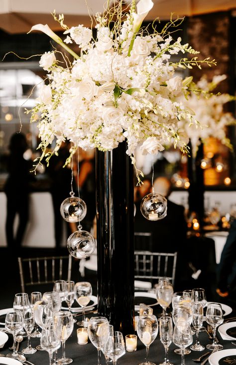 Tall Gold Candle Holders, New York City Rooftop, Wedding Centerpeices, City Rooftop, Tall Wedding Centerpieces, Tall Centerpieces, Rooftop Wedding, Dinner Decoration, Black And White Wedding