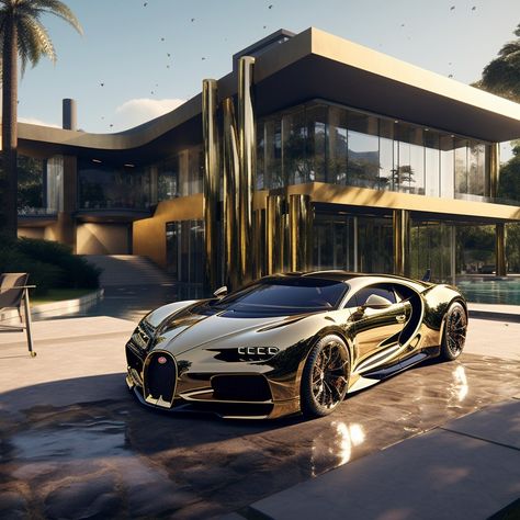 "Luxury Oasis: Gold Mansion, Bugatti Chiron, and Pool" Bugatti Gold, Buggati Veyron, Grand Theft Auto Artwork, Tmax Yamaha, Cool Car Pictures, Exotic Sports Cars, Bugatti Chiron, Super Car, Supercars