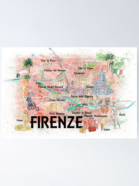 Illustrated Map, Travel Maps, Florence Italy, Sale Poster, Florence, Independent Artist, Bullet Journal, Highlights, Map