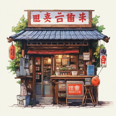 Japanese Storefront Illustration, Japanese Store Fronts, Atmosphere Drawing, Asian Store, Japanese Buildings, Colour Drawing, Japanese Shop, House Cartoon, Colorful Houses