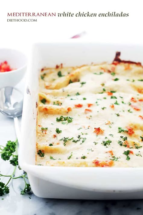 Mediterranean White Chicken Enchiladas Recipe | Diethood Mediterranean Yogurt, Chicken Italian, Mediterranean Diet Recipes Dinners, White Chicken Enchiladas, Easy Mediterranean Diet, Easy Mediterranean Diet Recipes, Mediterranean Meals, Enchiladas Recipe, Chicken Enchilada Casserole