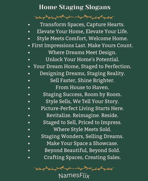 Home Staging Slogans Interior Design Slogan, Catchy Words, Apartments Building, Real Estate Slogans, Getting Into Real Estate, Business Slogans, Catchy Phrases, Cool Slogans, Furniture Flip