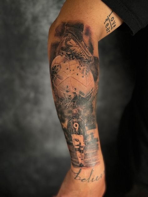 Ronaldo tattoo football Football Tattoo Sleeve, Football Tattoos For Men, Football Tattoo Ideas For Men, Cr7 Tattoo, Ronaldo Tattoo, Tattoo Football, Full Windsor Knot, Ariel Tattoo, Jack Skellington Tattoo