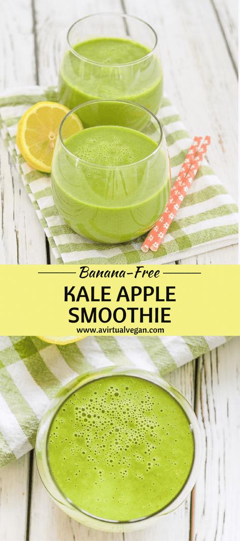 This Kale Apple Smoothie is quick & easy to make, full of good for you ingredients & will help get your day off to a great start. And for you banana haters out there, it's banana free! Alkine Diet, Apple Smoothie Recipes, Kale Smoothie Recipes, Banana Apple Smoothie, Vegan Smoothie Recipes, Apple Smoothie, Vegan Breakfasts, Kale Smoothie, Vegan Drinks