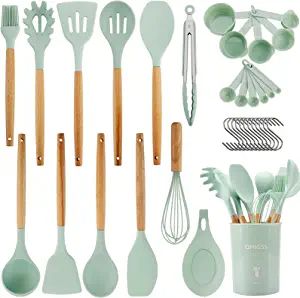 Amazon.com: Kitchen Utensils Set, QMVESS 35 Pcs Non-Stick Silicone Cooking Utensils Set with Holder, Sturdy Wooden Handle, Heat Resistance Silicone Spatula Spoon Kitchen Gadgets Utensils Set (Light Green) : Home & Kitchen Plastic Kitchen Utensils, Kitchen Utensils Set, Kitchen Pans, Silicone Cooking Utensils, Kitchen Cookware Sets, Silicone Kitchen Utensils, Utensils Set, Kitchen Cooking Utensils, Tongs Kitchen