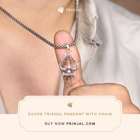 Silver Trishul Pendant with chain by Prinjal. Find solace in the blessings of lord shiva, get this pendant at a discount! Discover this pendant and a vast range of silver jewellery at our website. Order now at www.prinjal.com . . #pendant #lordshivapendant #lordshivanecklace #shivanecklace #SpiritualJewelry #silverjewerly #silverchain #SilverChainForMen Trishul Pendant, Silver Chain For Men, Pendant With Chain, Spiritual Jewelry, Lord Shiva, Silver Jewellery, Shiva, Order Now, Silver Pendant