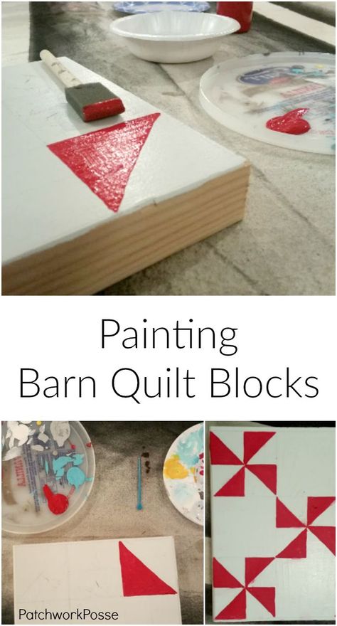 How to Paint Barn Quilt Blocks - so cute and great idea to do at quilt group #quilting #quiltgroup #painting #barnquilt #patchworkposse #sewingproject #quiltblocks Wood Quilt Block, Quilt Boards, Wooden Quilt, Group Meeting, Painted Barn Quilts, Barn Signs, Barn Quilt Designs, Block Painting, Fundraiser Ideas