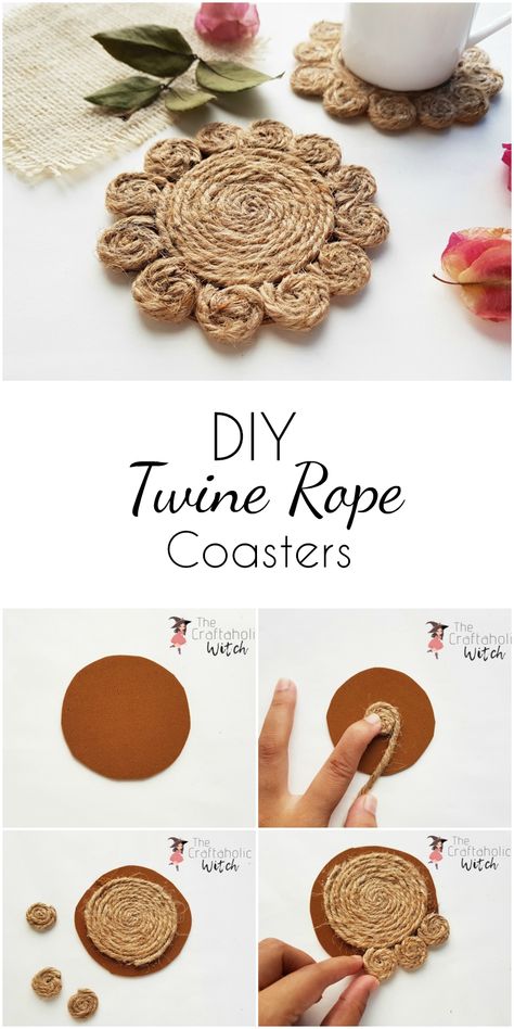 These twine coasters are so easy to make and turn out beautiful! #diycoasters #twinecraft #twinecoasters Twine Crafts Diy, Coaster Projects, Twine Diy, Twine Crafts, Boho Crafts Diy, Diy Boho Decor, Rope Diy, Jute Crafts, Rope Crafts Diy