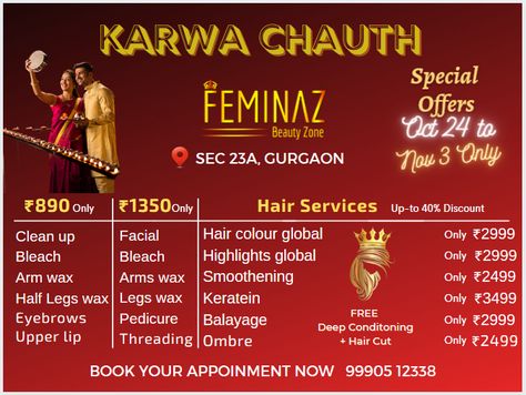 All Set for Karwa Chauth? Grab these Fabulous Deals 📲 Call or 💬 WhatsApp on 9990512338 Celebrate the eternal bond of love with Make U Up Salon. We have brought 2 amazing beauty packages & hair service Deals customized just for you... Book Your Appointment Today 🌏 Salon Locations 🌏 📍 Sec 23A, GURGAON 📍 VASANT KUNJ, New Delhi Waxing Legs, Beauty Salon Price List, Salon Price List, Beauty Zone, Beauty Parlor, Salon Services, Beauty Packaging, Book Your Appointment, Facial Hair