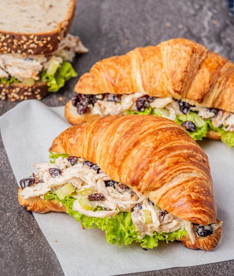 Fancy Chicken Sandwiches, Chicken Croissant Recipe, Chicken Croissant Sandwich, Chicken Salad Croissant Sandwich, French Sandwiches, Croissant Sandwich Recipe, Chicken Croissants, Salad With Cranberries And Pecans, Croissant Ideas