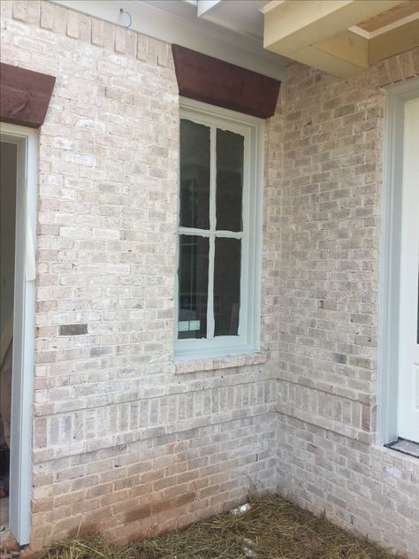 Hamilton brick Savannah ivory mortar Brick Under Window Exterior, Magnolia Bay Brick With White Mortar, Brick Columns Driveway, House Frontage, Brick Ideas, House Structure Design, Gray Brick, Shop Exterior, Brick Columns