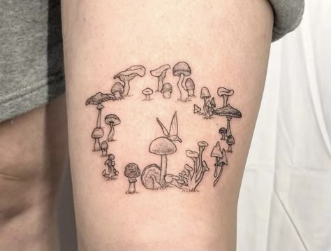 Mushroom Bracelet Tattoo, Mushroom Circle Tattoo, Mushroom Friend Tattoos, Meaningful Mushroom Tattoos, Simplistic Mushroom Tattoo, Mushroom Fairy Circle Tattoo, Fairy Circle Tattoo, Mushroom House Tattoo, Goblincore Tattoo